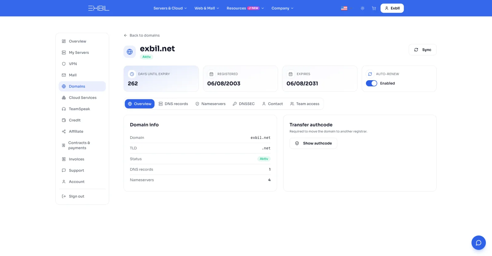 Domain overview in the Exbil panel