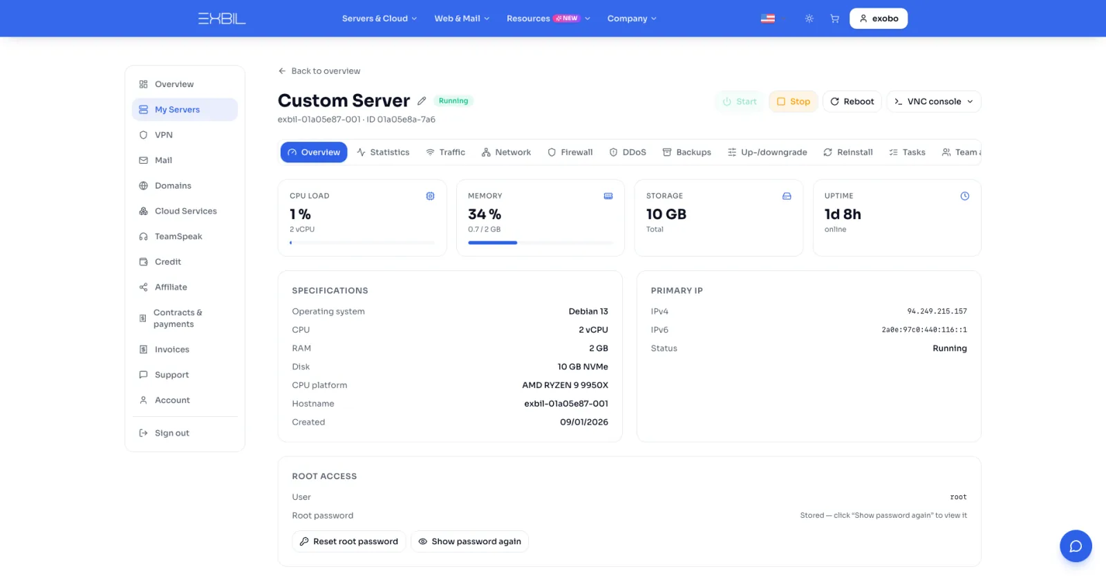 Root server overview in the Exbil panel