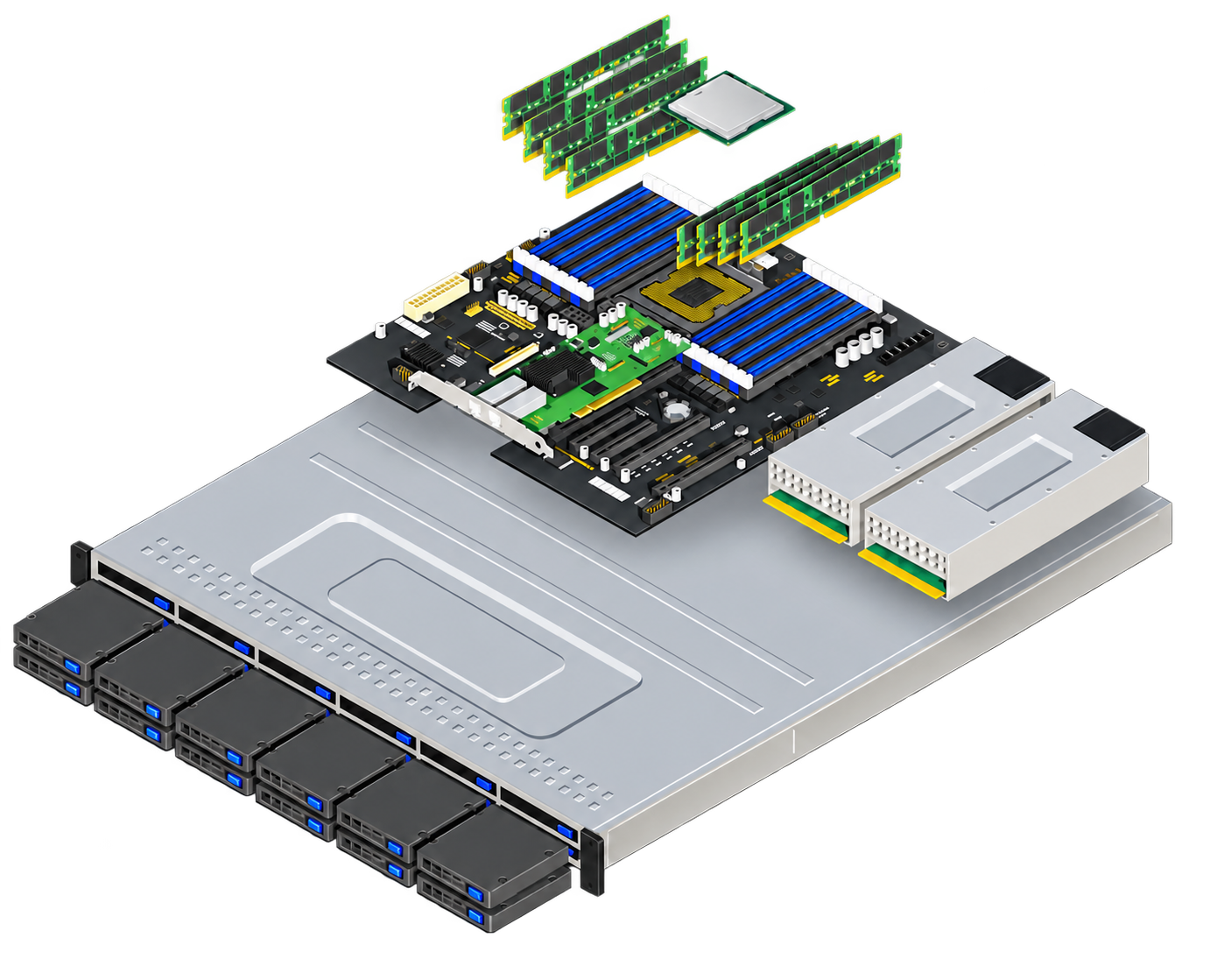 Exploded view of a server with CPU, memory and storage