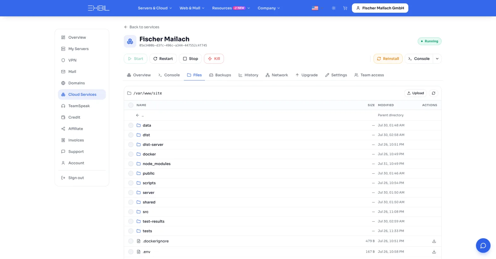 File manager in the Exbil panel